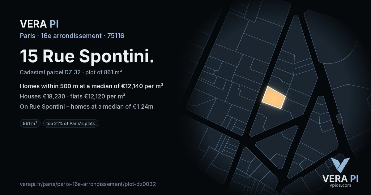 15 Rue Spontini, 16e arrondissement at night – the plot lit, the parcels around coloured by the prices near them