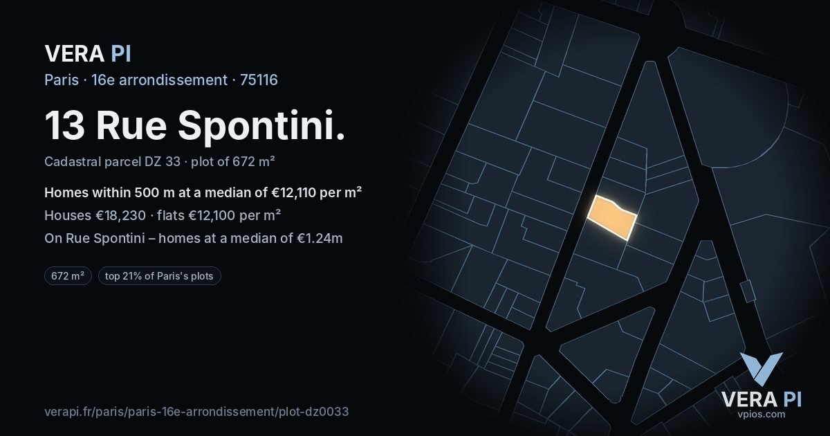 13 Rue Spontini, 16e arrondissement at night – the plot lit, the parcels around coloured by the prices near them