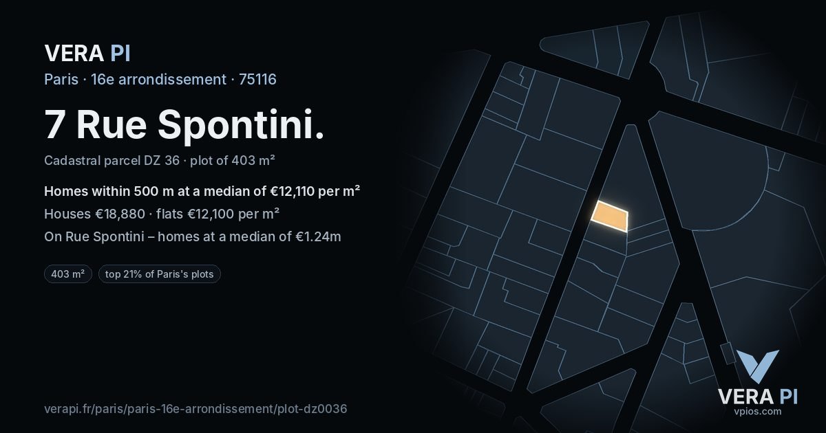 7 Rue Spontini, 16e arrondissement at night – the plot lit, the parcels around coloured by the prices near them