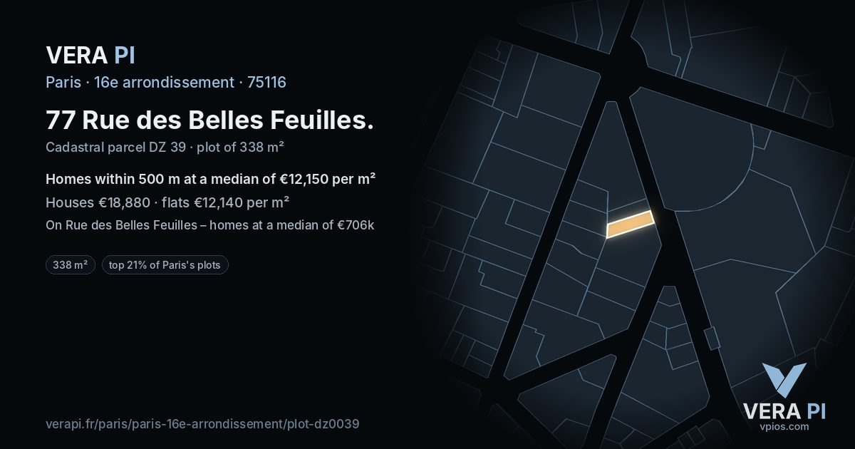 77 Rue des Belles Feuilles, 16e arrondissement at night – the plot lit, the parcels around coloured by the prices near them