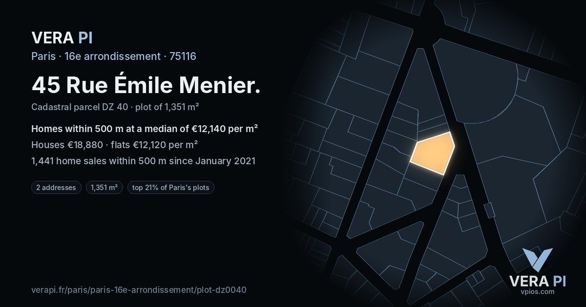 45 Rue Émile Menier, 16e arrondissement at night – the plot lit, the parcels around coloured by the prices near them
