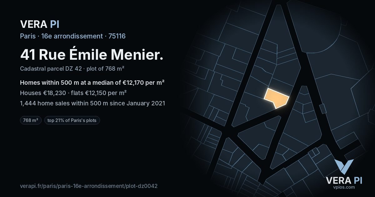 41 Rue Émile Menier, 16e arrondissement at night – the plot lit, the parcels around coloured by the prices near them