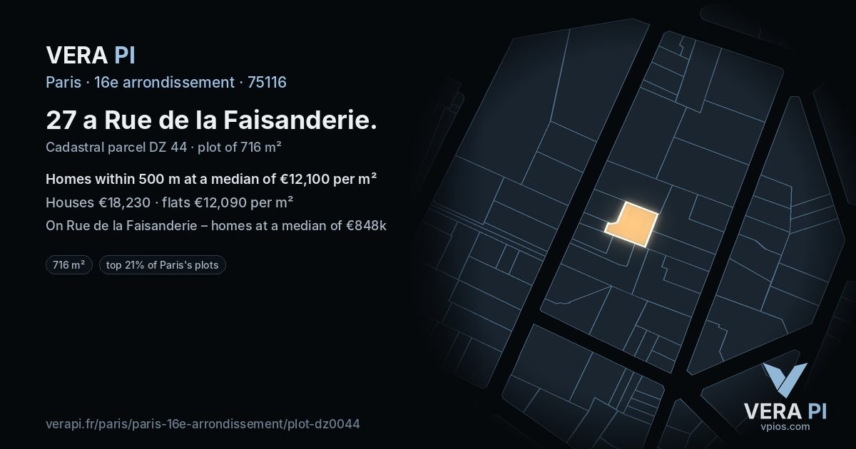 27 a Rue de la Faisanderie, 16e arrondissement at night – the plot lit, the parcels around coloured by the prices near them