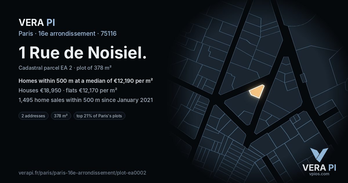 1 Rue de Noisiel, 16e arrondissement at night – the plot lit, the parcels around coloured by the prices near them