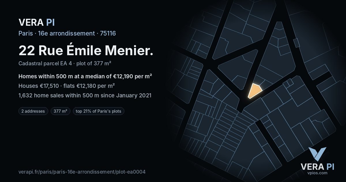 22 Rue Émile Menier, 16e arrondissement at night – the plot lit, the parcels around coloured by the prices near them