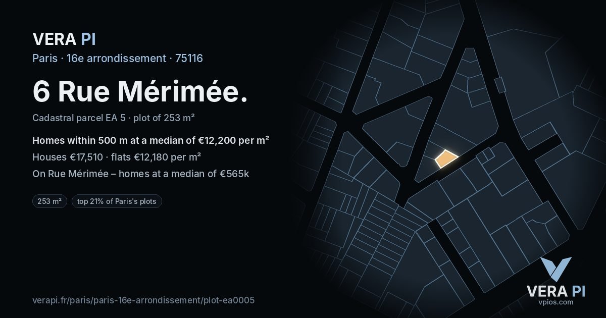 6 Rue Mérimée, 16e arrondissement at night – the plot lit, the parcels around coloured by the prices near them