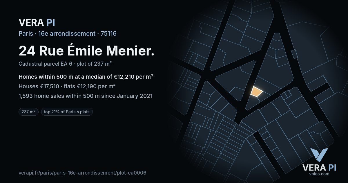 24 Rue Émile Menier, 16e arrondissement at night – the plot lit, the parcels around coloured by the prices near them