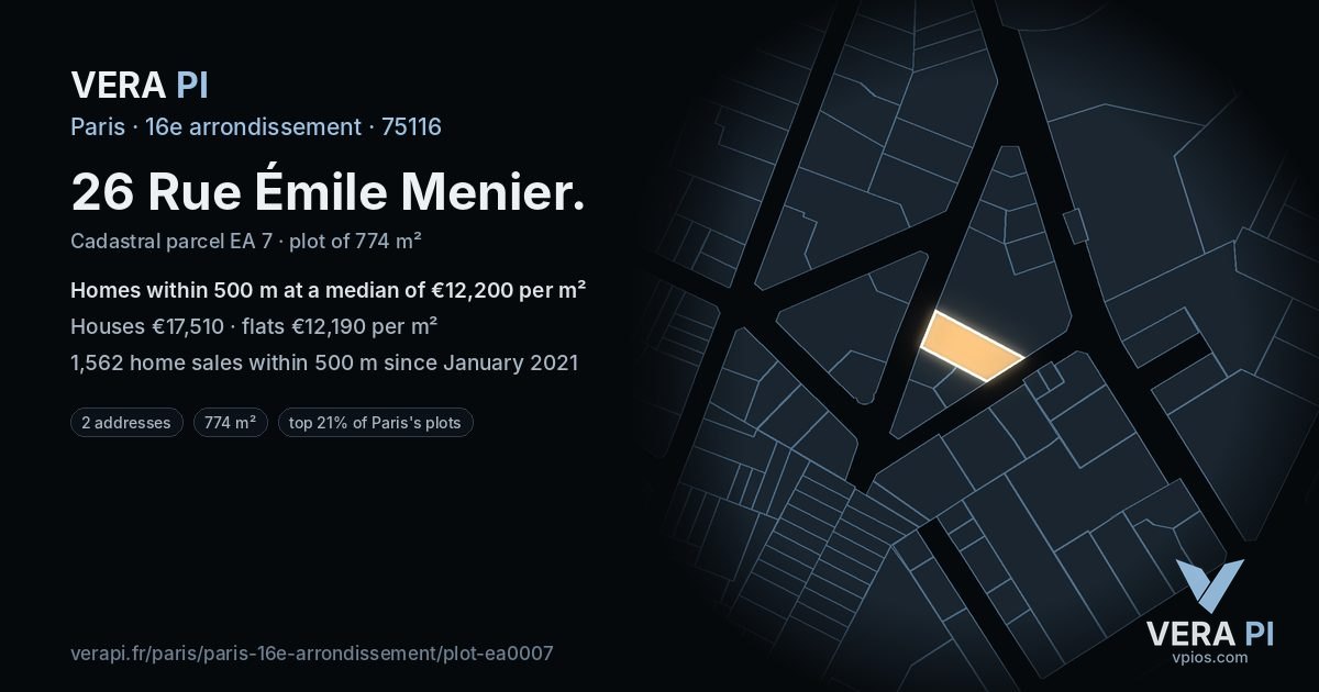 26 Rue Émile Menier, 16e arrondissement at night – the plot lit, the parcels around coloured by the prices near them