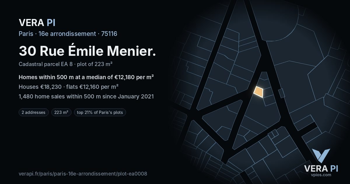 30 Rue Émile Menier, 16e arrondissement at night – the plot lit, the parcels around coloured by the prices near them