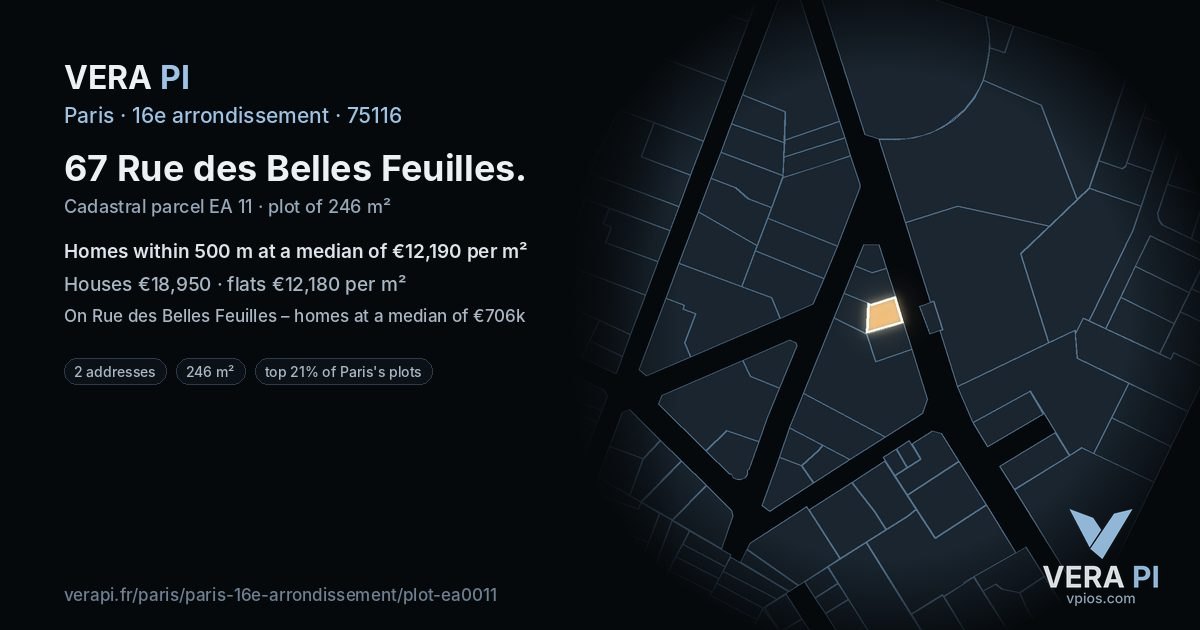 67 Rue des Belles Feuilles, 16e arrondissement at night – the plot lit, the parcels around coloured by the prices near them