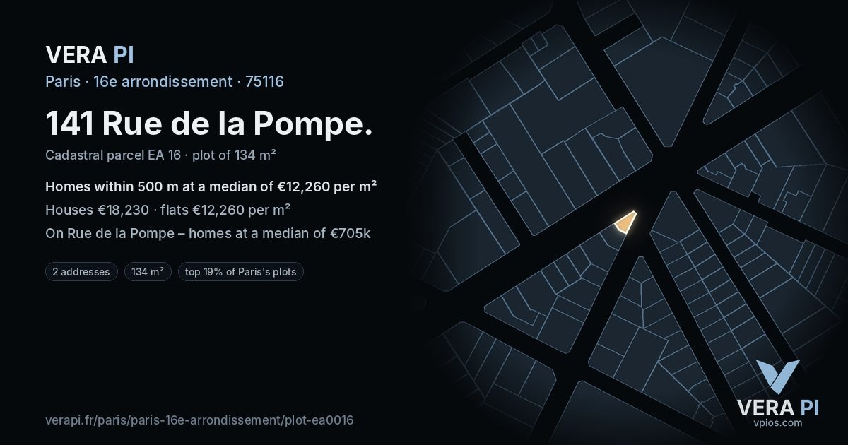 141 Rue de la Pompe, 16e arrondissement at night – the plot lit, the parcels around coloured by the prices near them