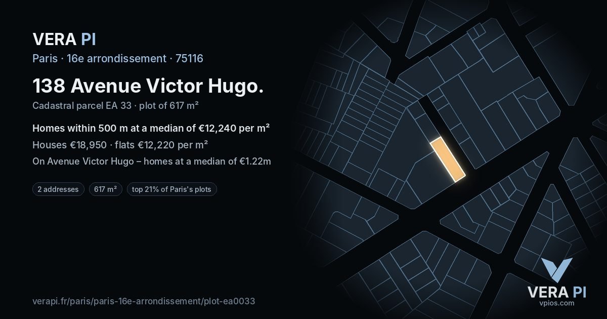 138 Avenue Victor Hugo, 16e arrondissement at night – the plot lit, the parcels around coloured by the prices near them