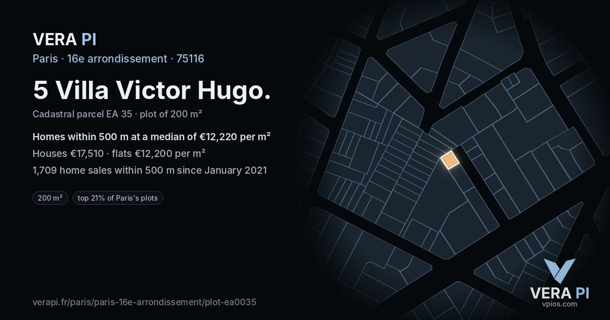 5 Villa Victor Hugo, 16e arrondissement at night – the plot lit, the parcels around coloured by the prices near them