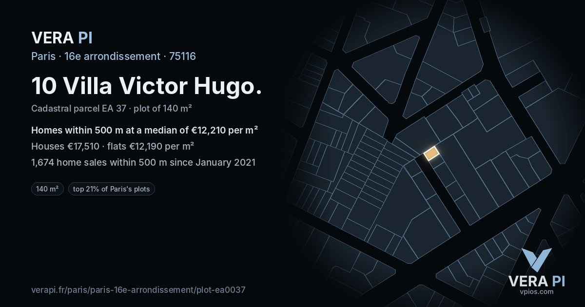 10 Villa Victor Hugo, 16e arrondissement at night – the plot lit, the parcels around coloured by the prices near them