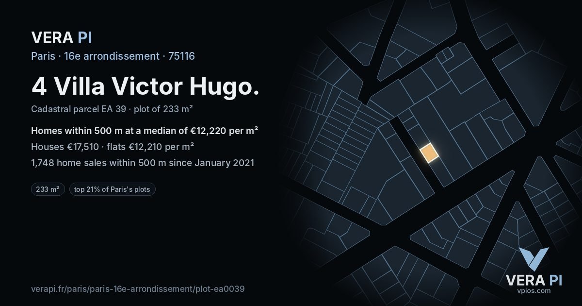 4 Villa Victor Hugo, 16e arrondissement at night – the plot lit, the parcels around coloured by the prices near them