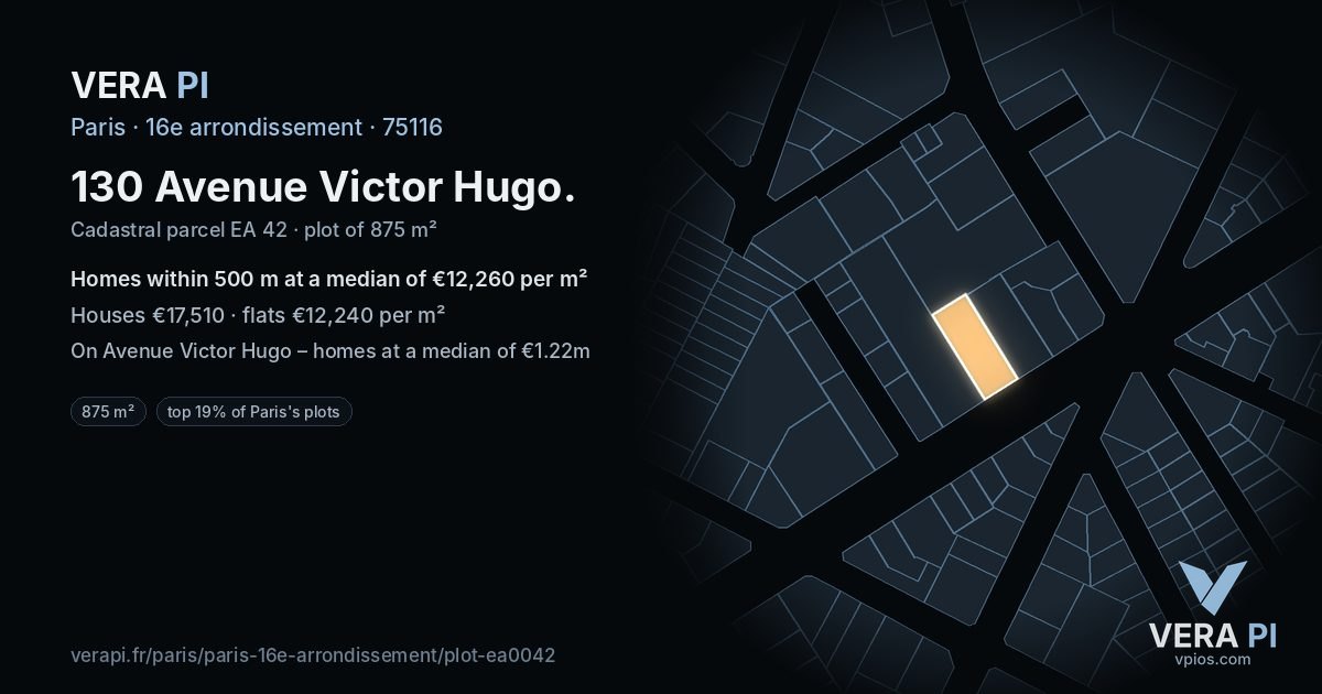 130 Avenue Victor Hugo, 16e arrondissement at night – the plot lit, the parcels around coloured by the prices near them
