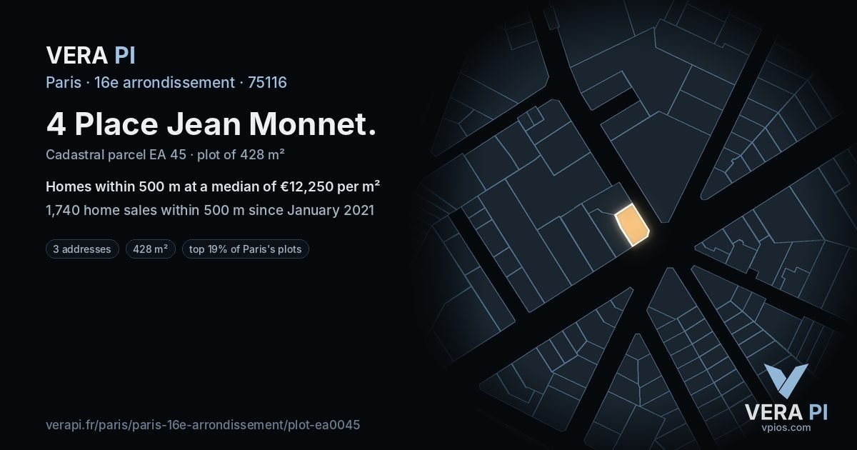 4 Place Jean Monnet, 16e arrondissement at night – the plot lit, the parcels around coloured by the prices near them