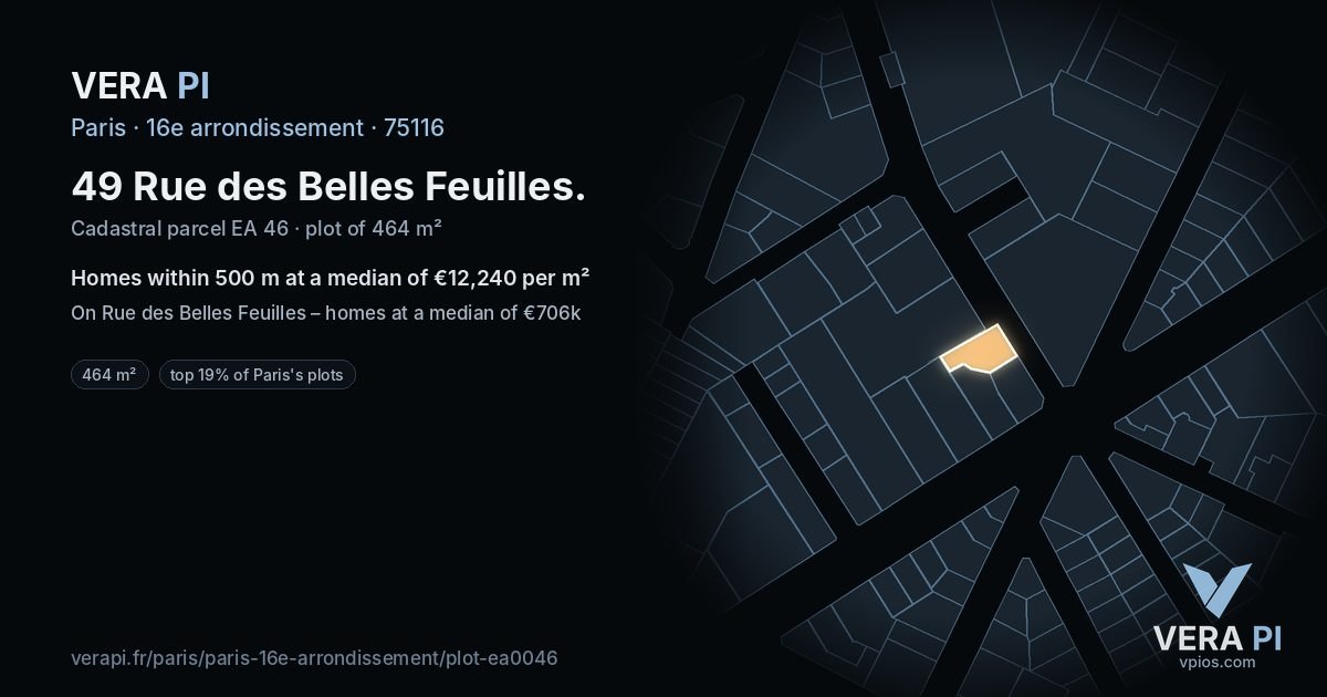 49 Rue des Belles Feuilles, 16e arrondissement at night – the plot lit, the parcels around coloured by the prices near them