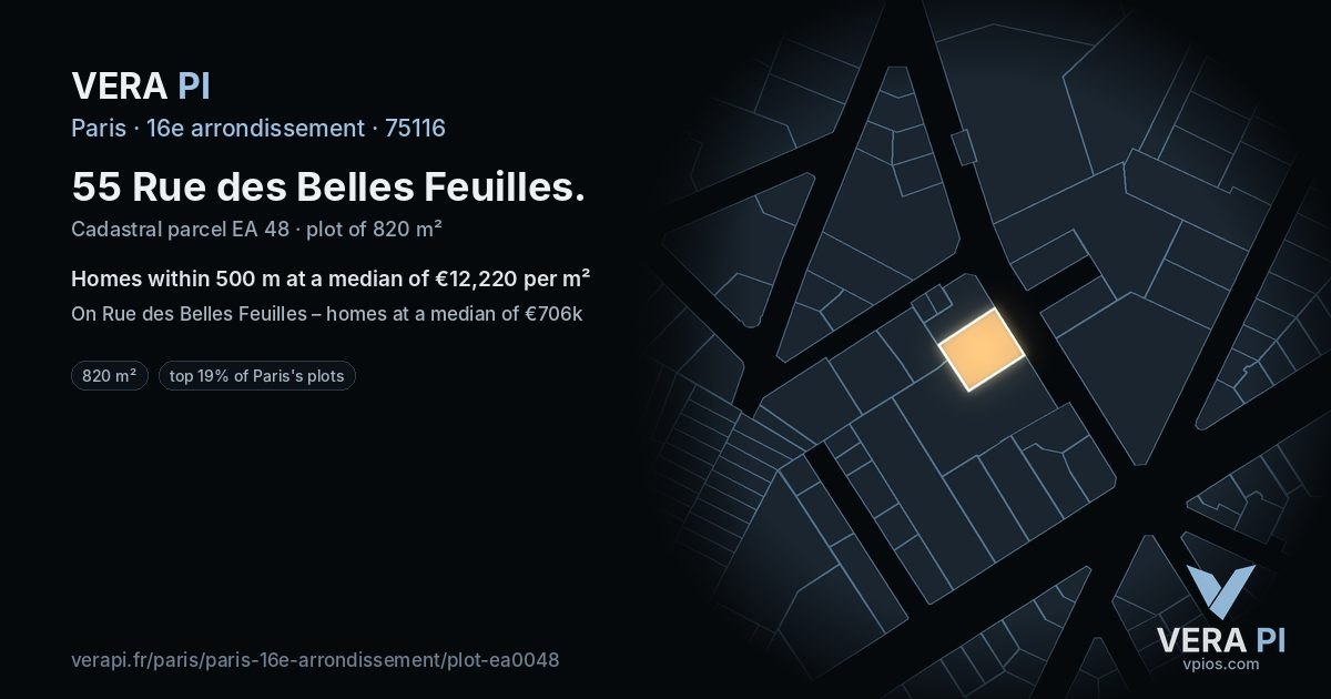 55 Rue des Belles Feuilles, 16e arrondissement at night – the plot lit, the parcels around coloured by the prices near them
