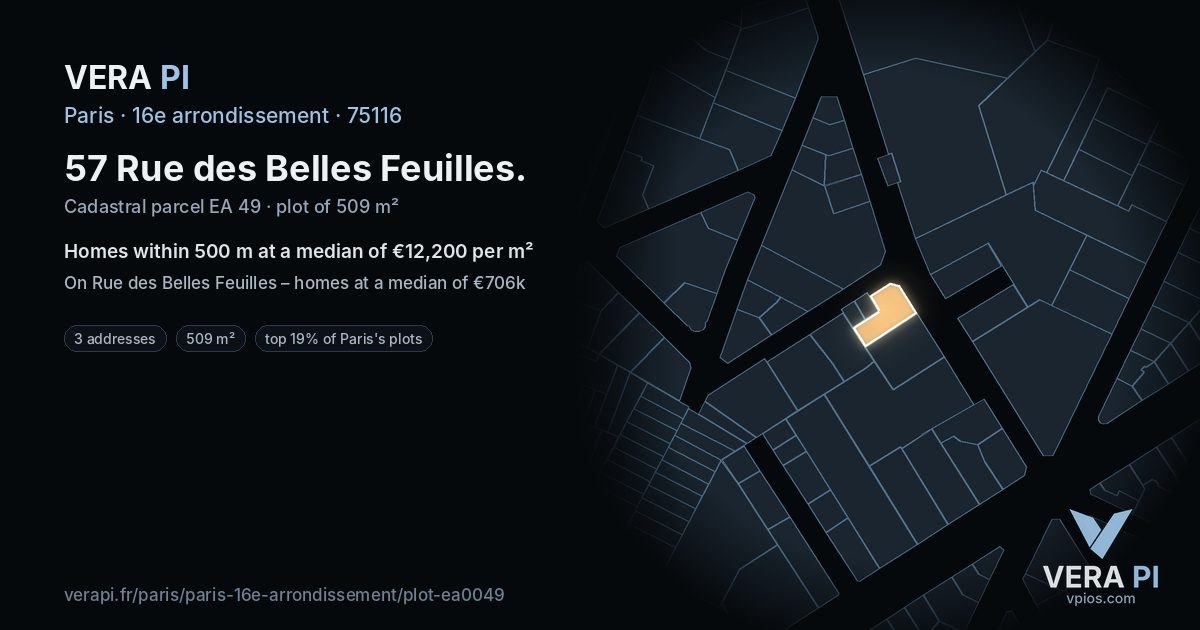 57 Rue des Belles Feuilles, 16e arrondissement at night – the plot lit, the parcels around coloured by the prices near them