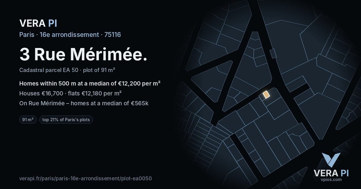 3 Rue Mérimée, 16e arrondissement at night – the plot lit, the parcels around coloured by the prices near them