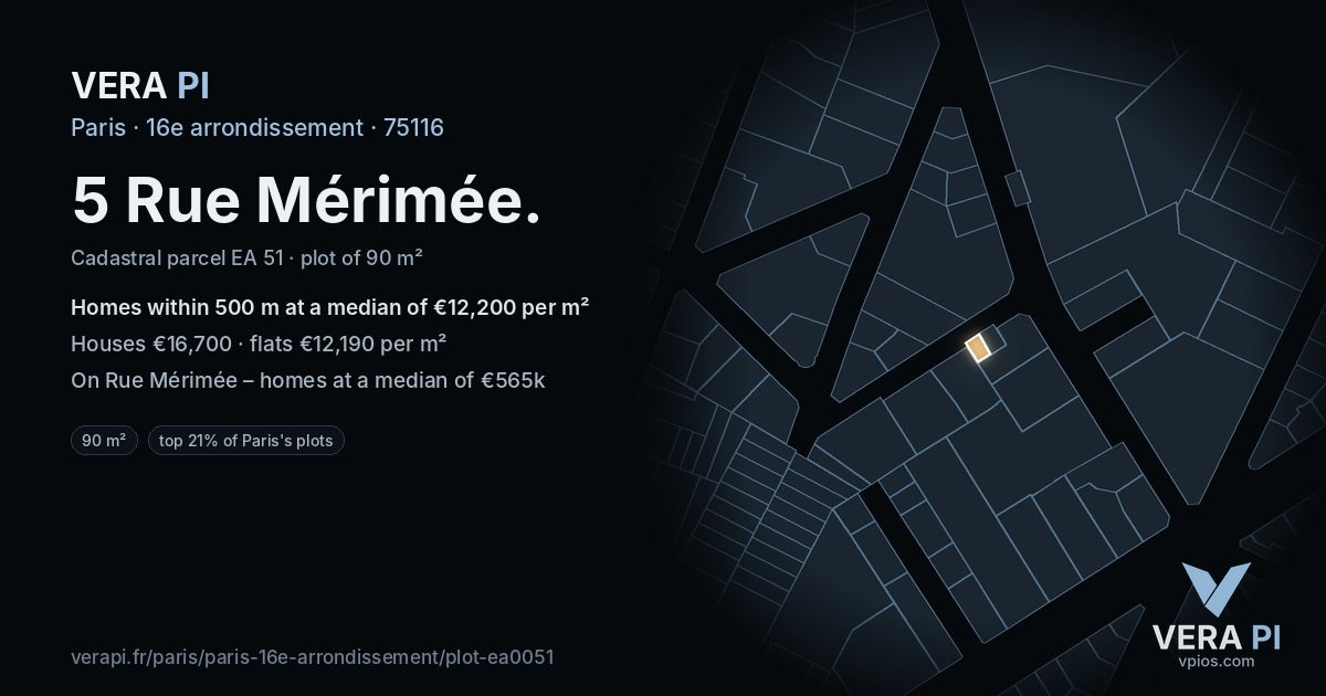 5 Rue Mérimée, 16e arrondissement at night – the plot lit, the parcels around coloured by the prices near them