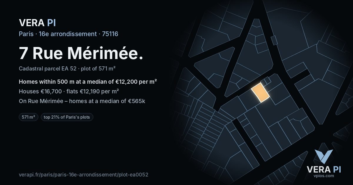 7 Rue Mérimée, 16e arrondissement at night – the plot lit, the parcels around coloured by the prices near them