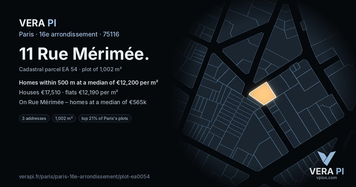 11 Rue Mérimée, 16e arrondissement at night – the plot lit, the parcels around coloured by the prices near them