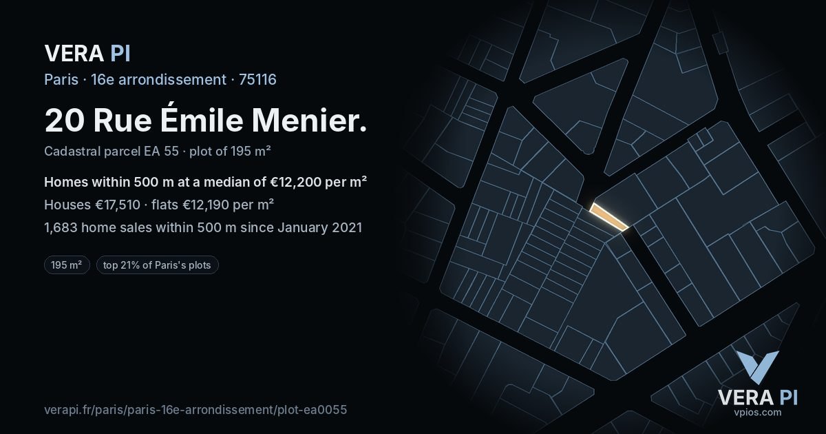 20 Rue Émile Menier, 16e arrondissement at night – the plot lit, the parcels around coloured by the prices near them
