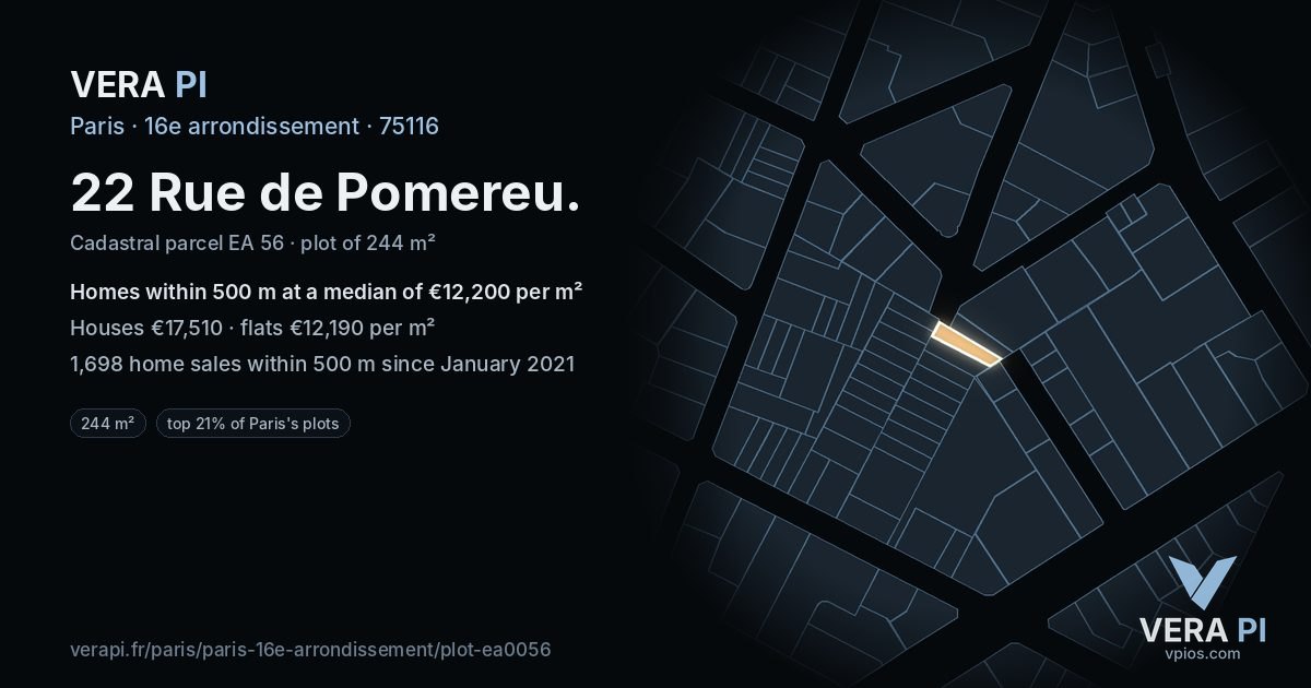 22 Rue de Pomereu, 16e arrondissement at night – the plot lit, the parcels around coloured by the prices near them