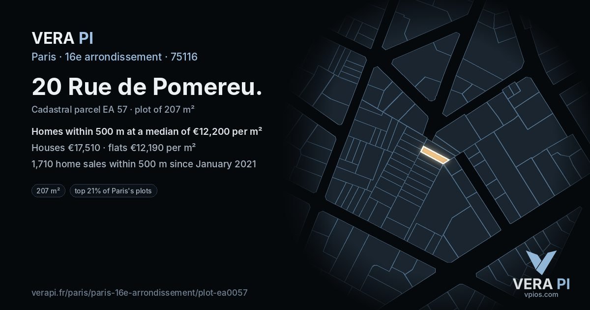 20 Rue de Pomereu, 16e arrondissement at night – the plot lit, the parcels around coloured by the prices near them