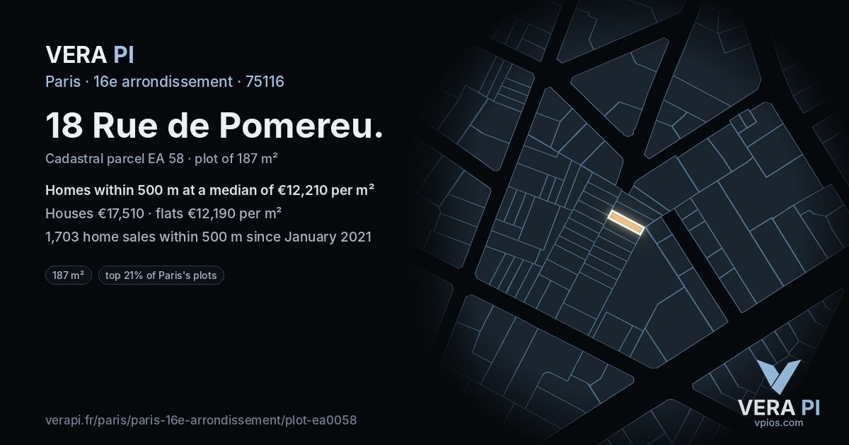 18 Rue de Pomereu, 16e arrondissement at night – the plot lit, the parcels around coloured by the prices near them