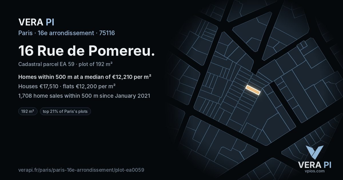 16 Rue de Pomereu, 16e arrondissement at night – the plot lit, the parcels around coloured by the prices near them