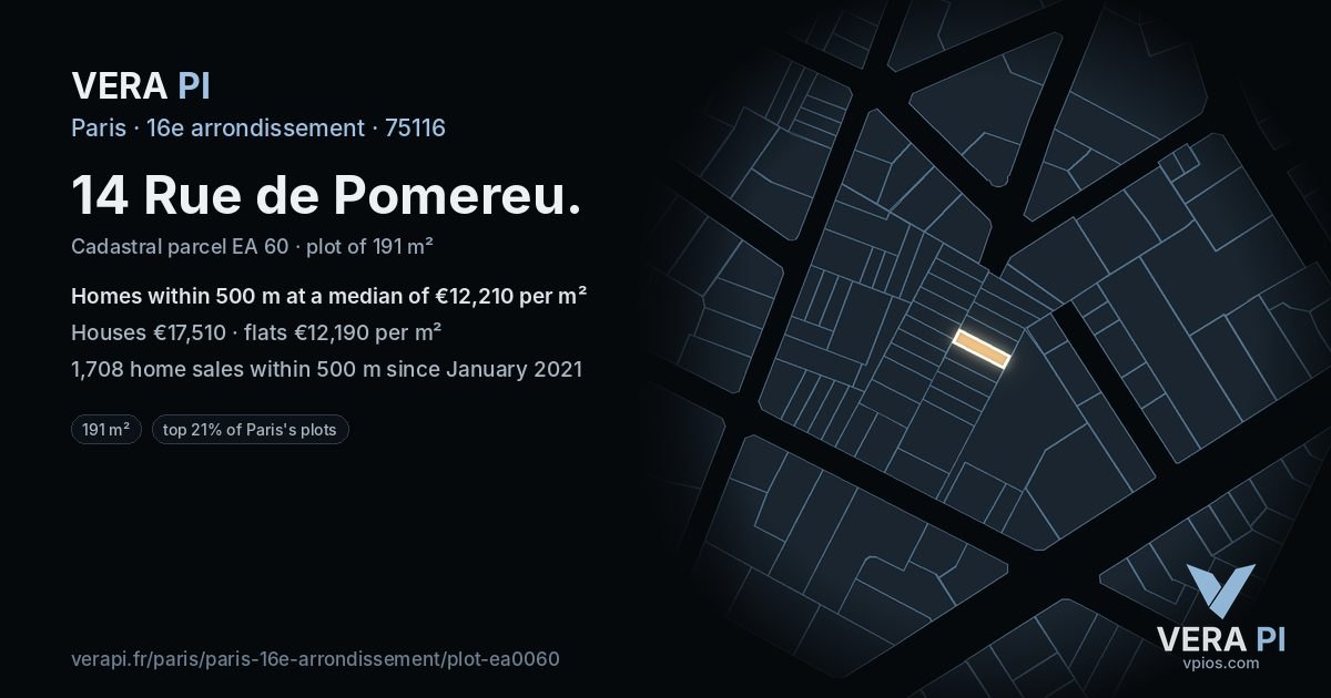 14 Rue de Pomereu, 16e arrondissement at night – the plot lit, the parcels around coloured by the prices near them