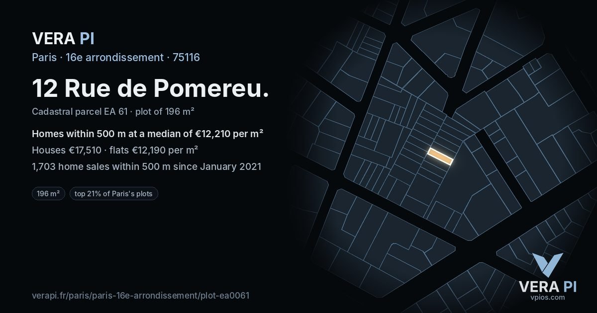 12 Rue de Pomereu, 16e arrondissement at night – the plot lit, the parcels around coloured by the prices near them