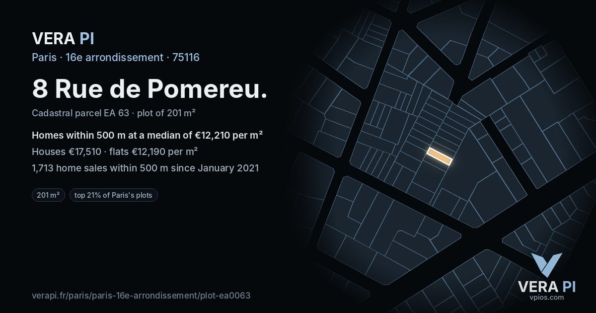 8 Rue de Pomereu, 16e arrondissement at night – the plot lit, the parcels around coloured by the prices near them
