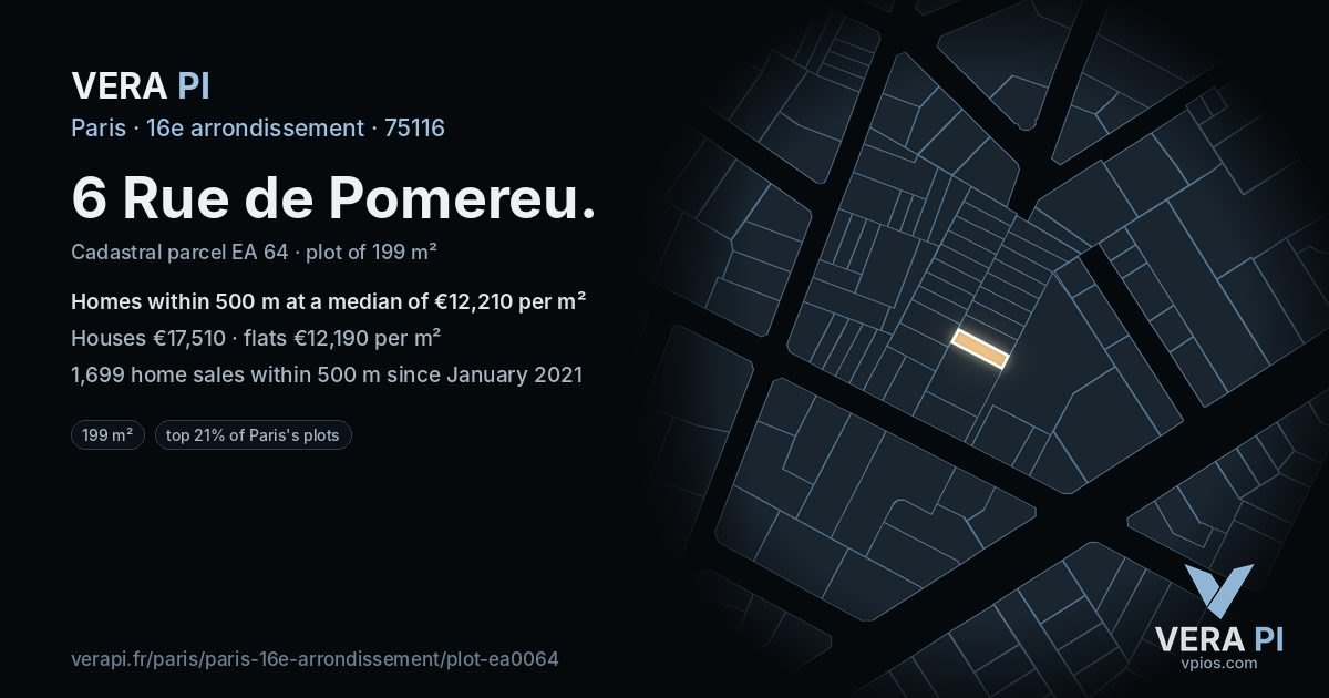 6 Rue de Pomereu, 16e arrondissement at night – the plot lit, the parcels around coloured by the prices near them