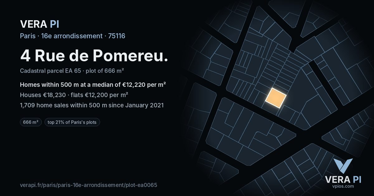 4 Rue de Pomereu, 16e arrondissement at night – the plot lit, the parcels around coloured by the prices near them