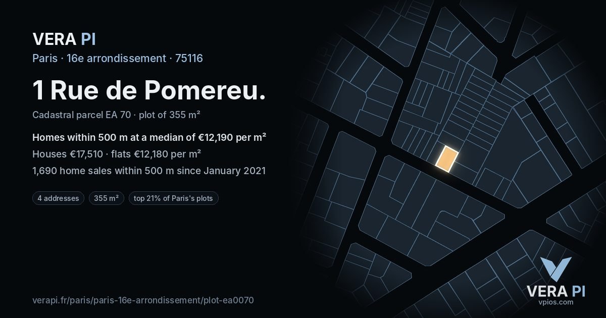 1 Rue de Pomereu, 16e arrondissement at night – the plot lit, the parcels around coloured by the prices near them