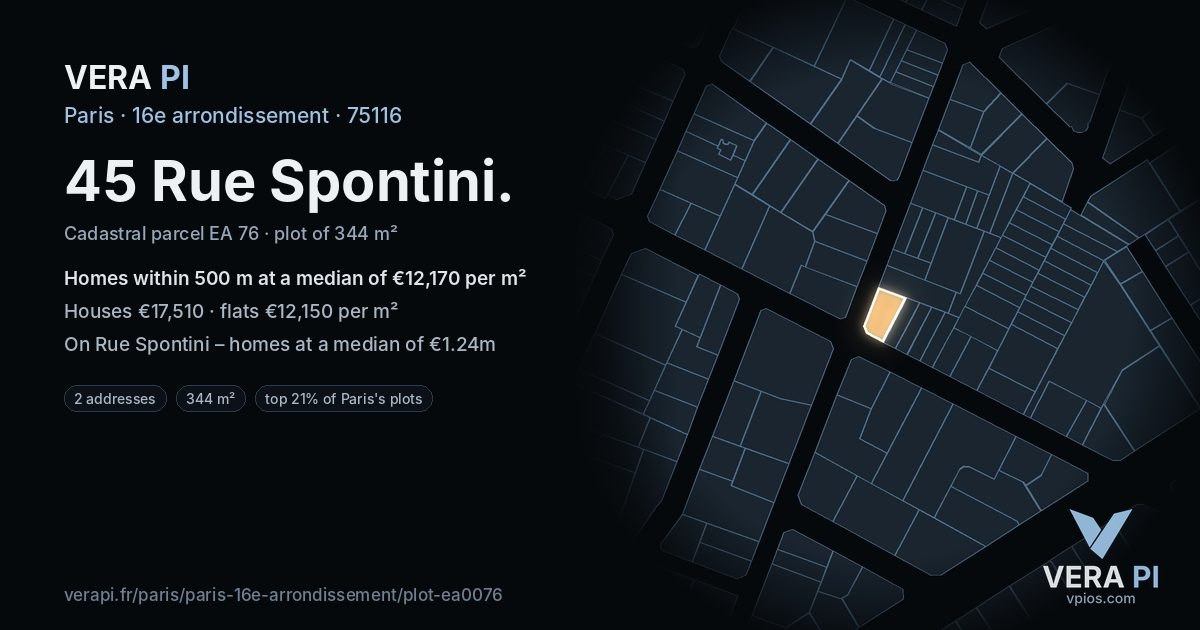 45 Rue Spontini, 16e arrondissement at night – the plot lit, the parcels around coloured by the prices near them