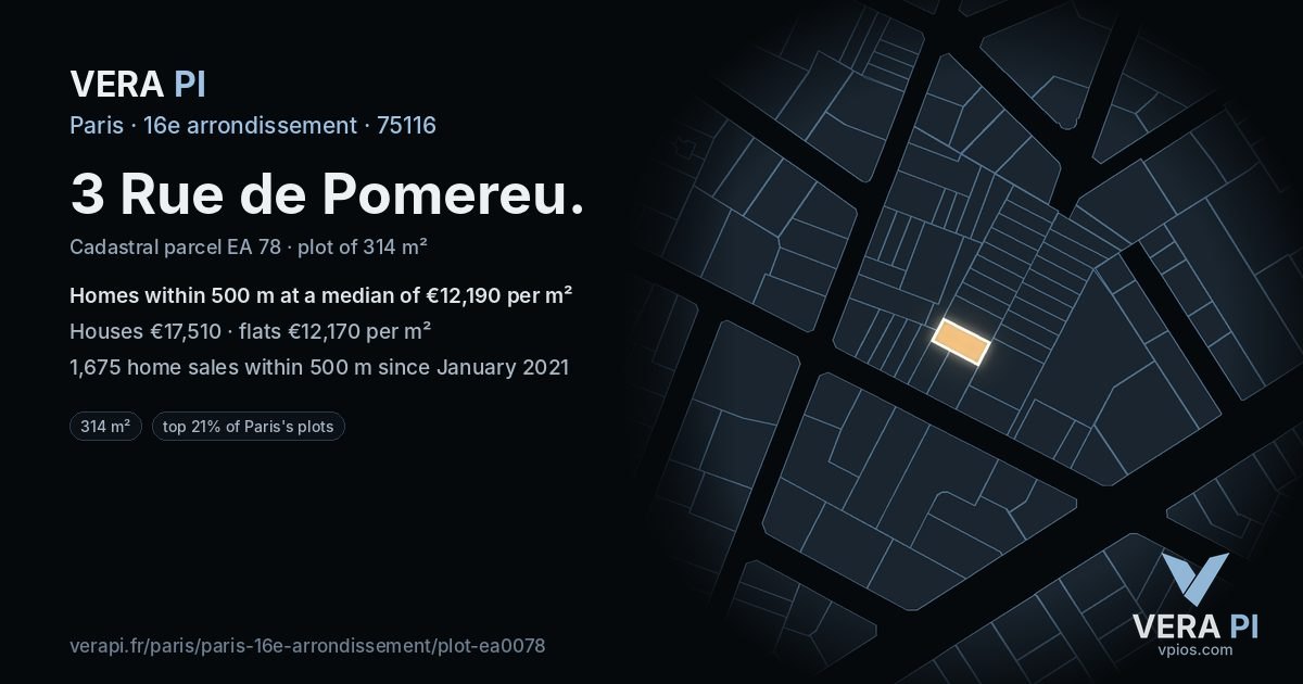 3 Rue de Pomereu, 16e arrondissement at night – the plot lit, the parcels around coloured by the prices near them