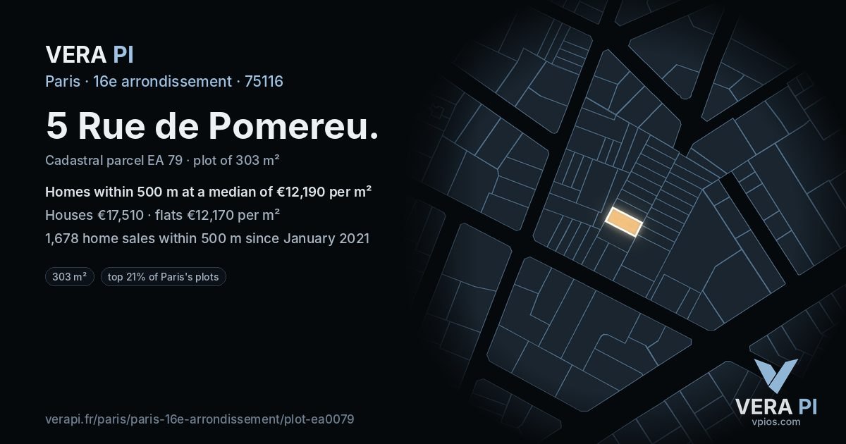 5 Rue de Pomereu, 16e arrondissement at night – the plot lit, the parcels around coloured by the prices near them