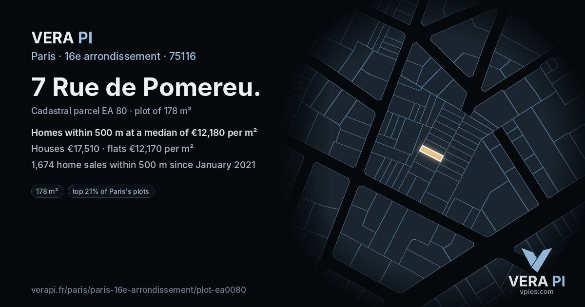 7 Rue de Pomereu, 16e arrondissement at night – the plot lit, the parcels around coloured by the prices near them