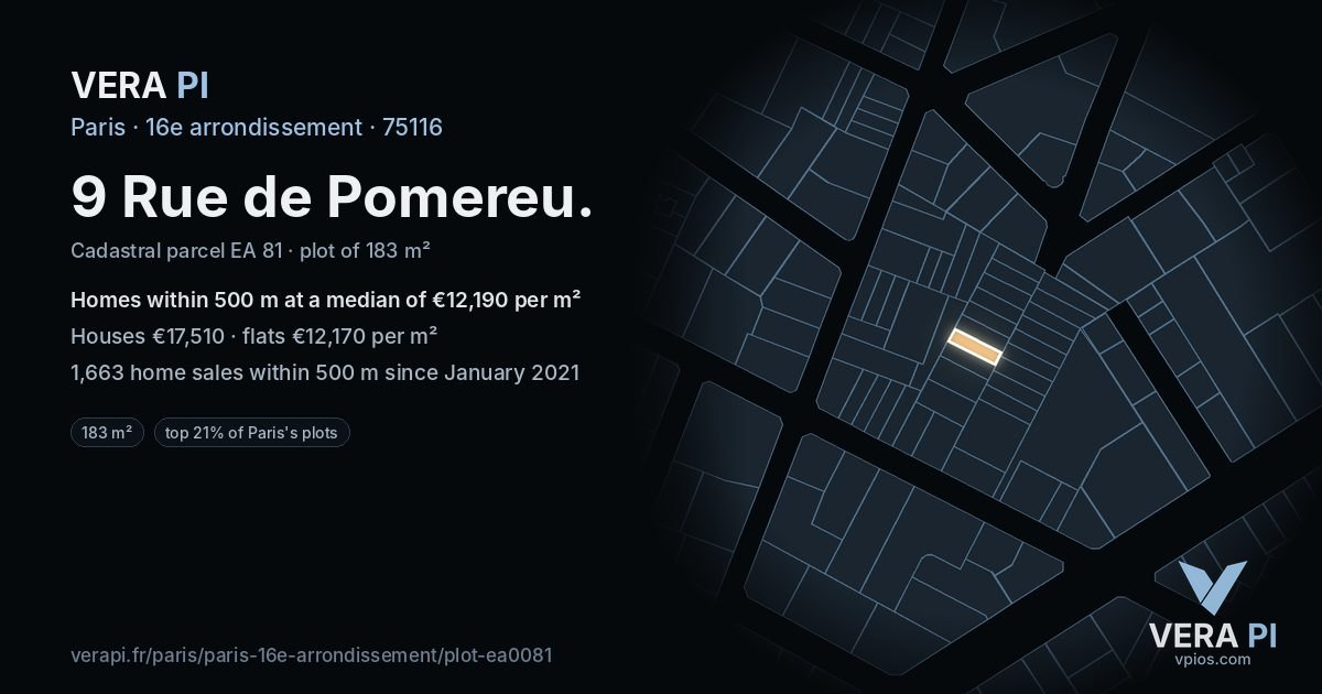 9 Rue de Pomereu, 16e arrondissement at night – the plot lit, the parcels around coloured by the prices near them