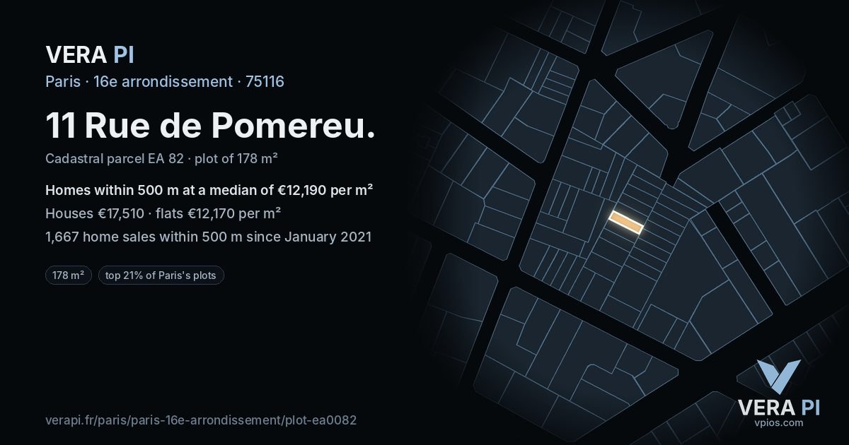 11 Rue de Pomereu, 16e arrondissement at night – the plot lit, the parcels around coloured by the prices near them