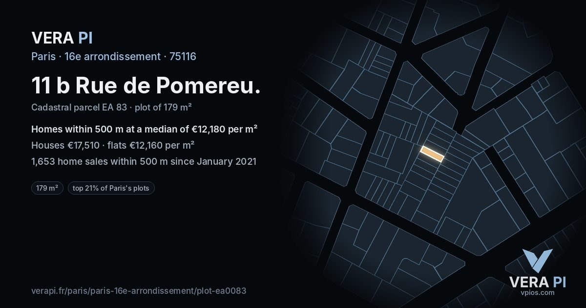 11 b Rue de Pomereu, 16e arrondissement at night – the plot lit, the parcels around coloured by the prices near them