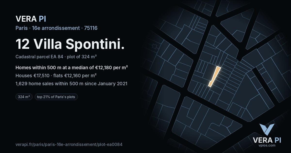 12 Villa Spontini, 16e arrondissement at night – the plot lit, the parcels around coloured by the prices near them