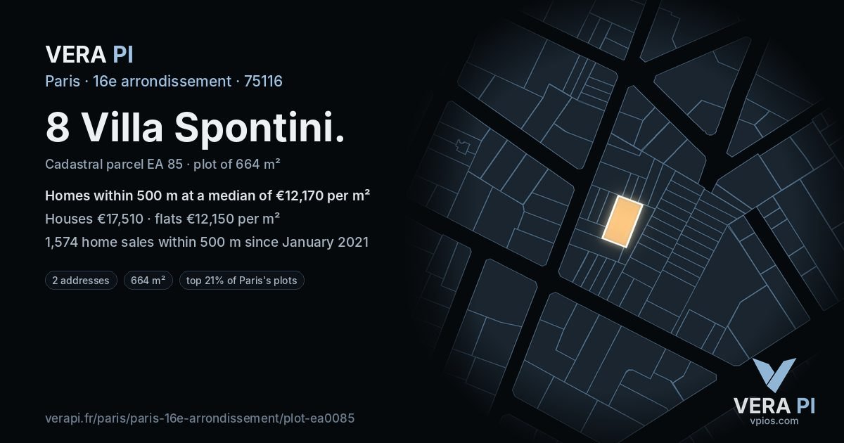 8 Villa Spontini, 16e arrondissement at night – the plot lit, the parcels around coloured by the prices near them