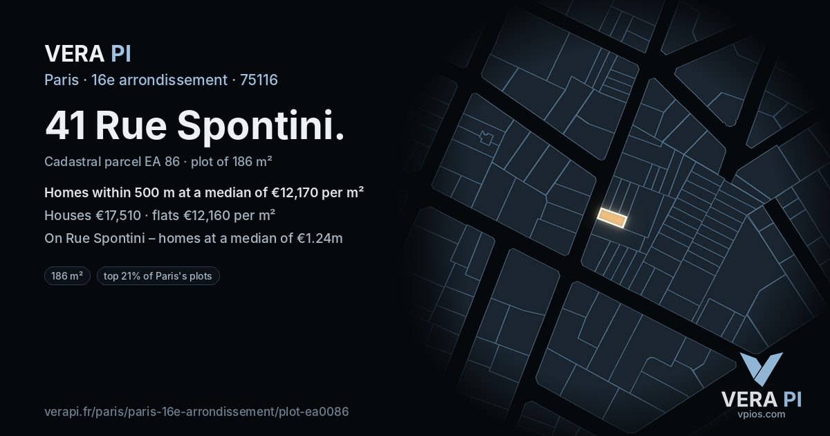 41 Rue Spontini, 16e arrondissement at night – the plot lit, the parcels around coloured by the prices near them