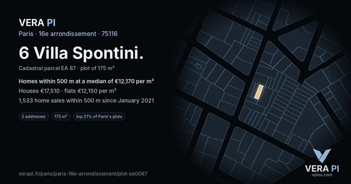 6 Villa Spontini, 16e arrondissement at night – the plot lit, the parcels around coloured by the prices near them